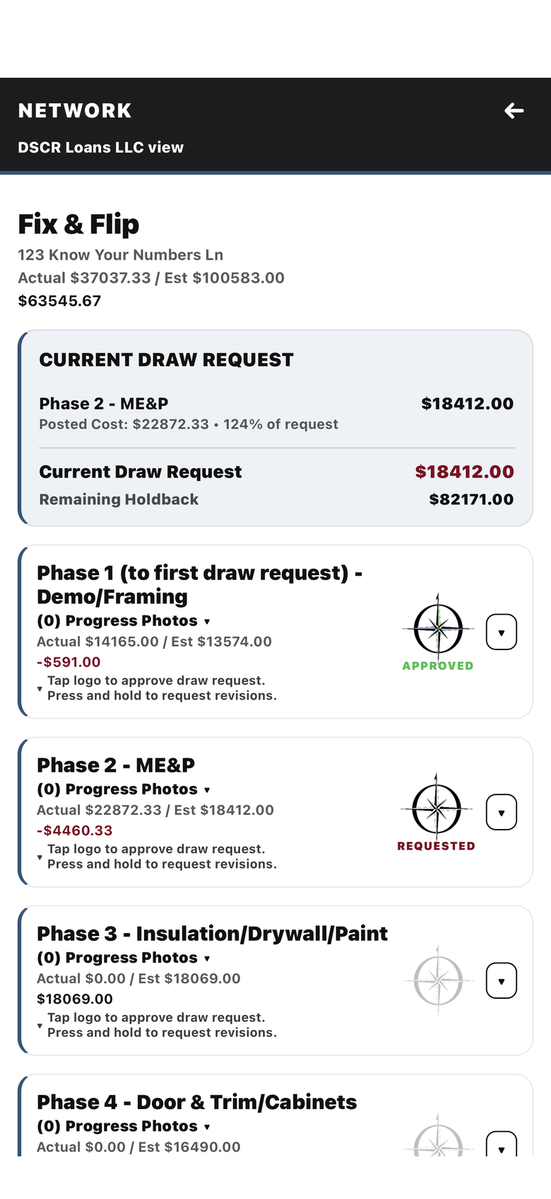 The lender's view of a Hona project, showing the current draw request, holdback remaining, and draw status by phase.