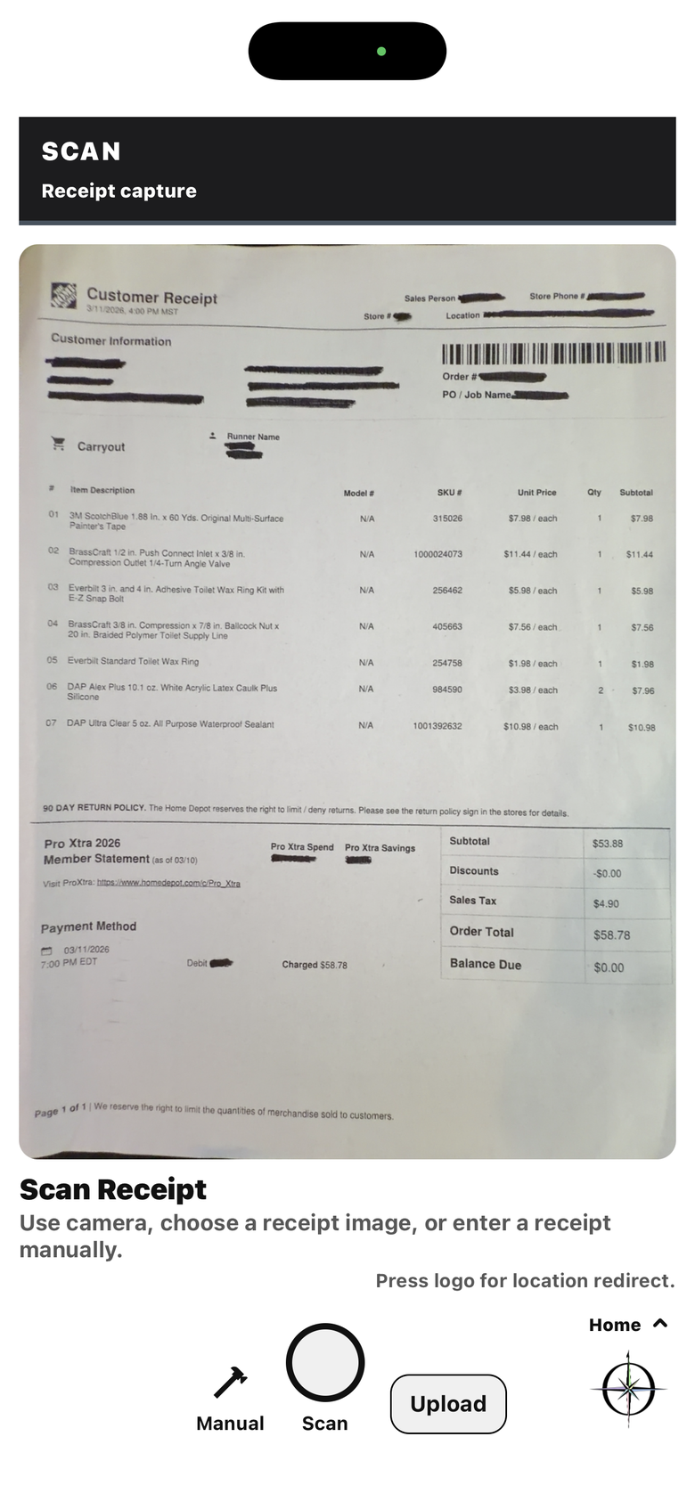 Receipt capture in Hona, showing a scanned Home Depot receipt ready to be assigned.